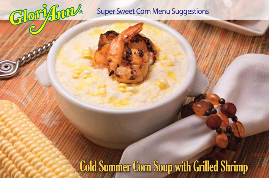 Cold Summer Corn Soup with Grilled Shrimp